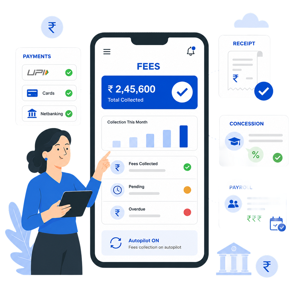 Nucleus school finance dashboard showing fee collection and payroll