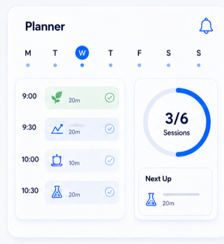 Study planner showing daily focused sessions