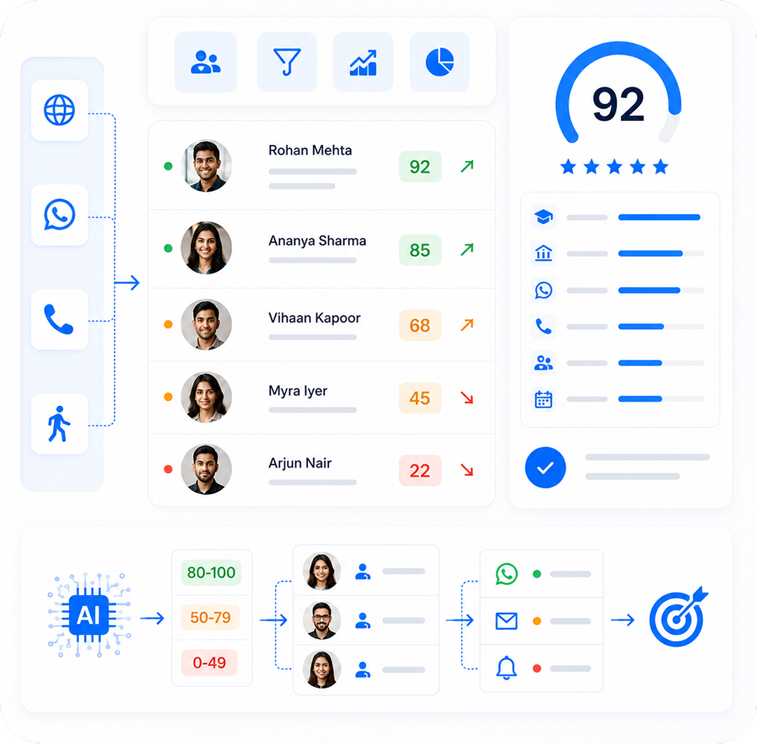 QuickEnroll AI lead scoring dashboard with ranked prospects