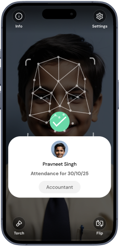 The Goood Morning mobile app showing a face-recognition attendance capture